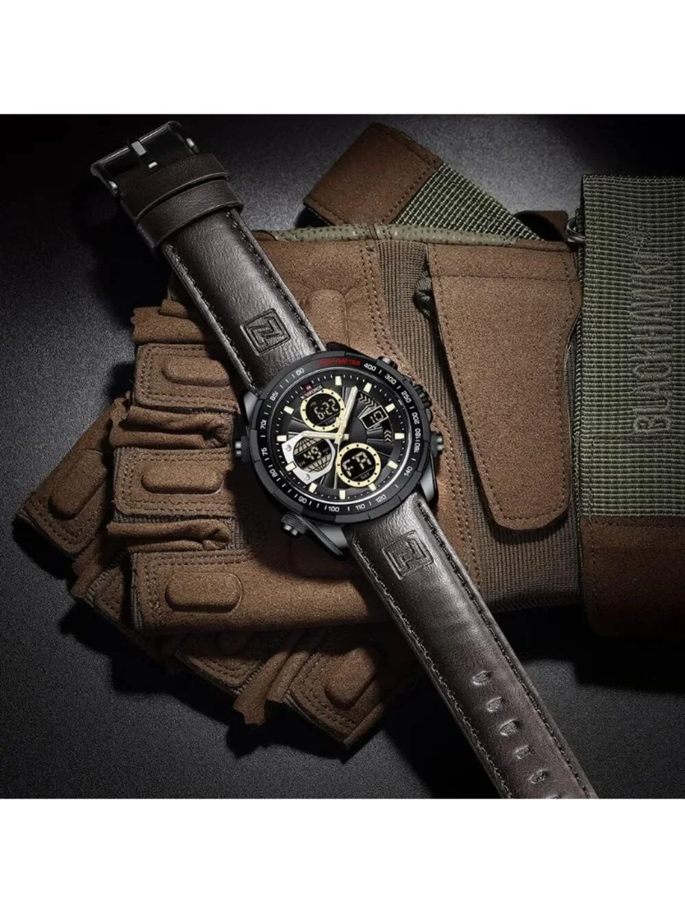 Men's Brown Military Digital Analog Quartz Waterproof Leather Wrist Watch